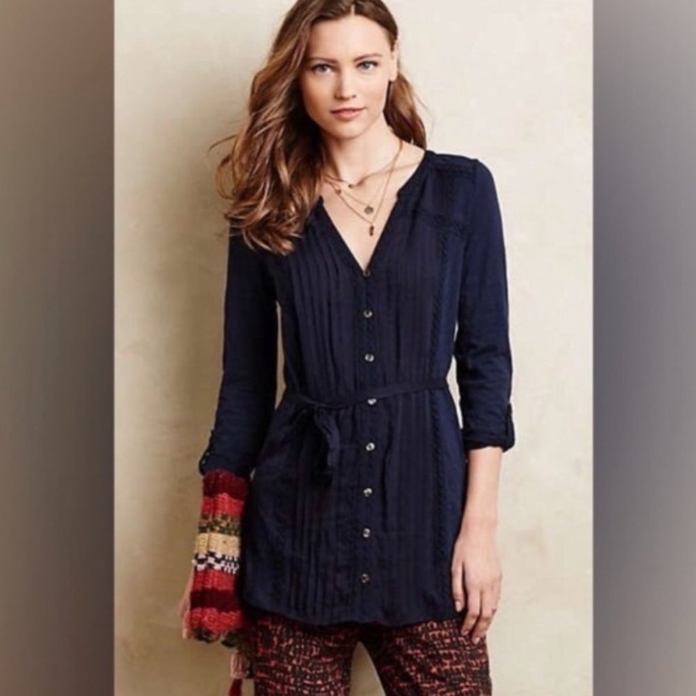 MEADOW RUE S Navy Blue V-Neck Embellished Button Down Blouse Roll Cuff